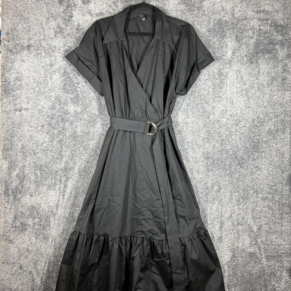 River Island Dress Womens US 14 Black Shirt Wrap Belted Collared Midi Cotton